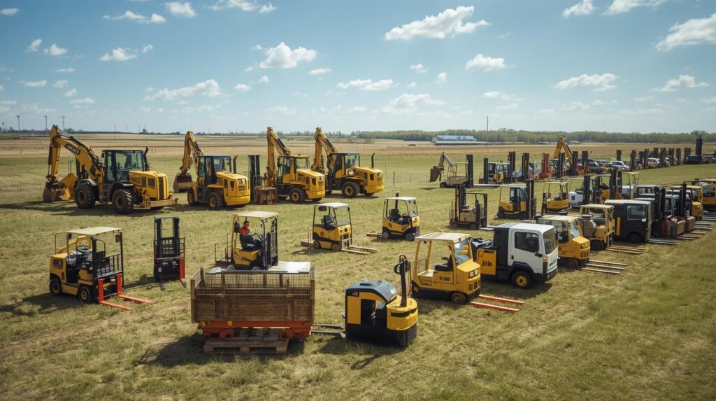 un campo con autoelevadores, retroscavadoras, carros de golf tipo melex, apiladoras bt, zorras electricas yale y tractores de arrastre toyota (1)
